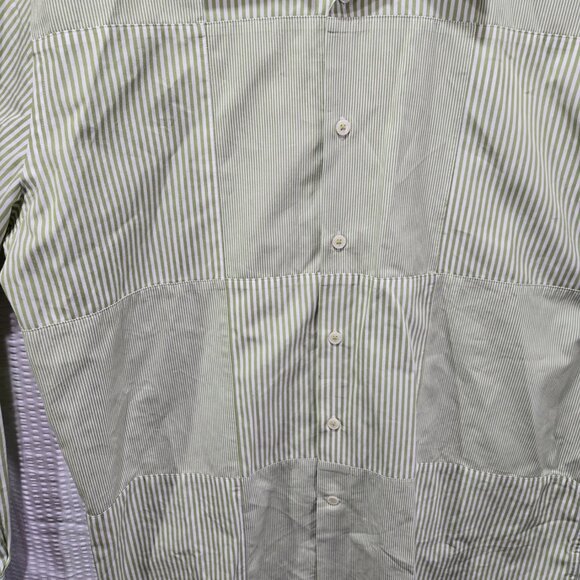 Michael Kors Mens Dress Shirt Green & White Striped Squares 100% 80s 2ply Cotton - Picture 4 of 6